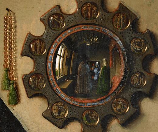 Jan van Eyck, El matrimonio Arnolfini 1434. Detalle espejo. 
